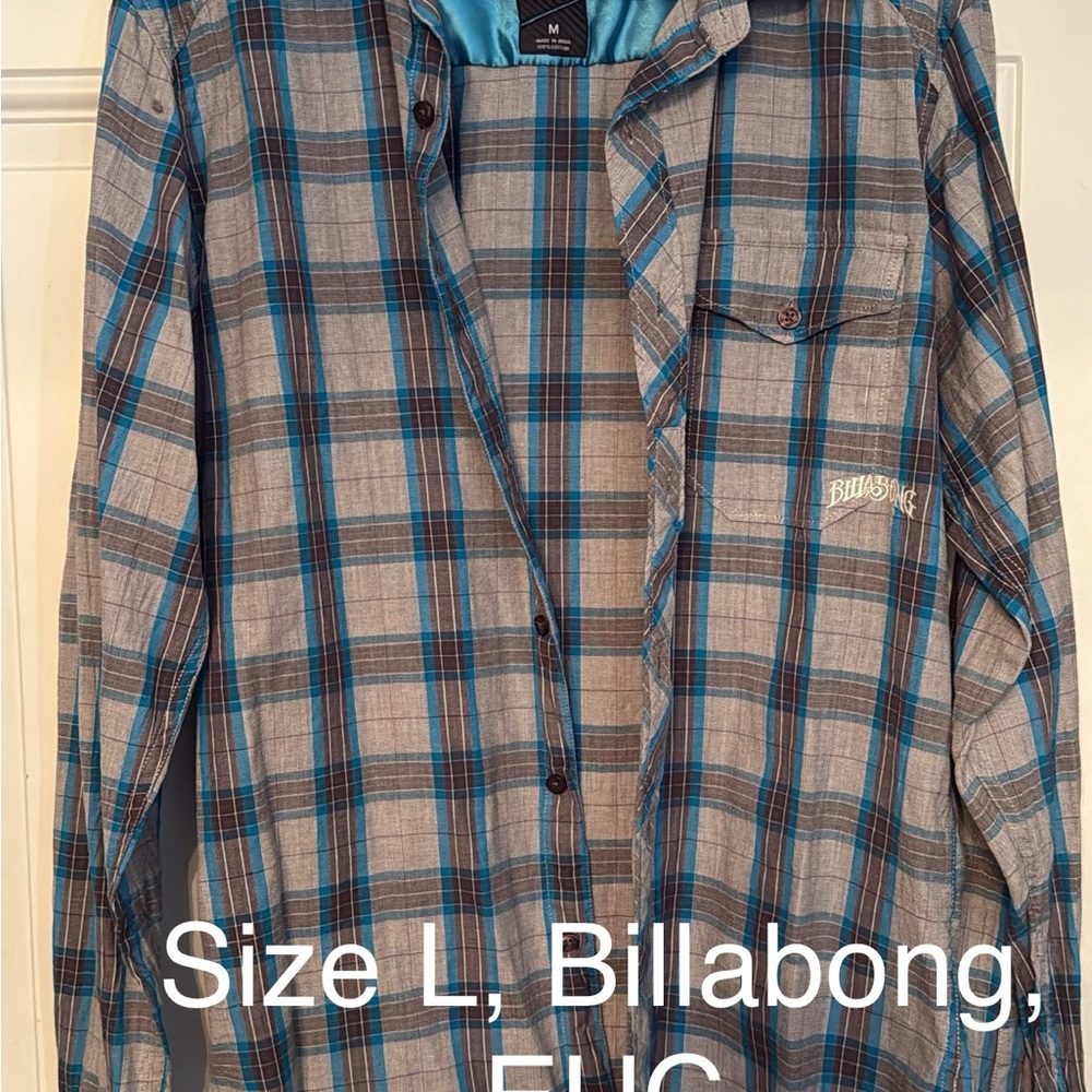Billabong Men's Gray and Blue Plaid Shirt